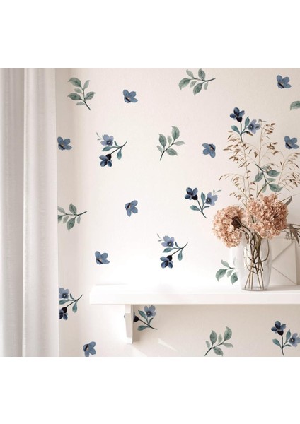 Mavi Çiçekler ve Yapraklar Duvar Sticker Boho Duvar Dekorasyon modelleri