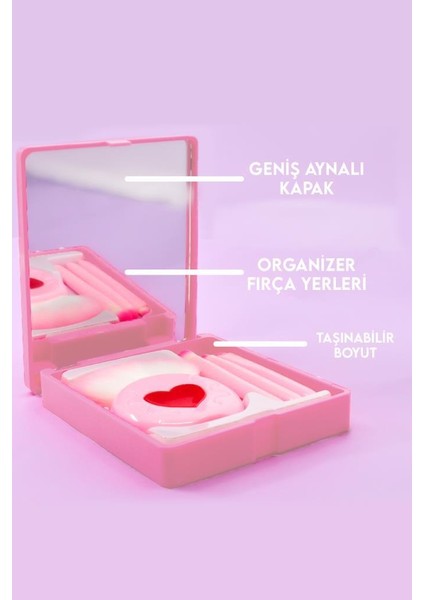 Profesyonel Taşınabilir Aynalı Makyaj Fırça Seti Kalpli Pembe