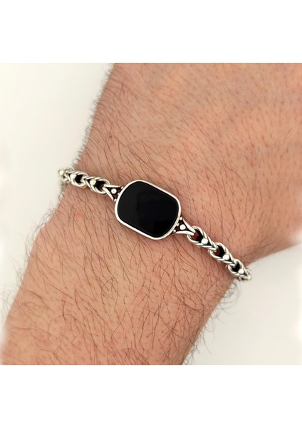 925 Ayar Gümüş Burgu Zincirli Oniks Taşlı Erkek Bileklik