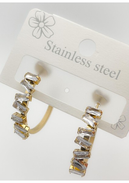 Çelik Küpe Asimetrik Taşlı Halka Küpe Renk Gold