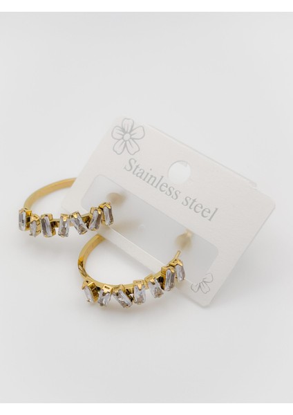 Çelik Küpe Asimetrik Taşlı Halka Küpe Renk Gold modelleri