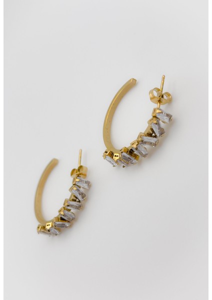 Çelik Küpe Asimetrik Taşlı Halka Küpe Renk Gold fırsatları