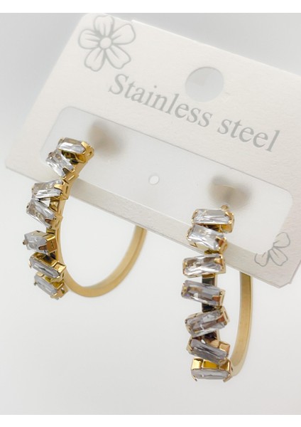 Çelik Küpe Asimetrik Taşlı Halka Küpe Renk Gold indirimleri