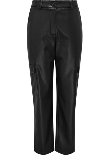 Yüksek Bel Normal Siyah Kadın Pantolon Onlkım Faux Leather Cargo Pant cc O