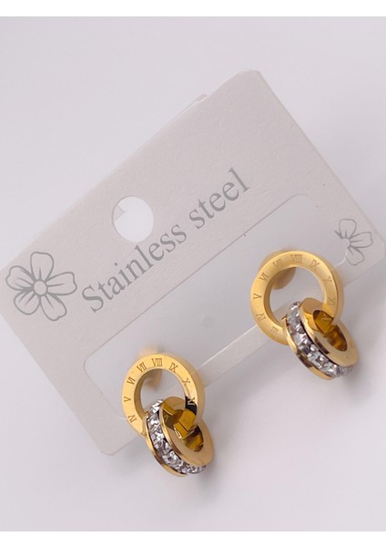 Çelik Küpe Marka Model Taşlı Ikili Halka Küpe Renk Gold