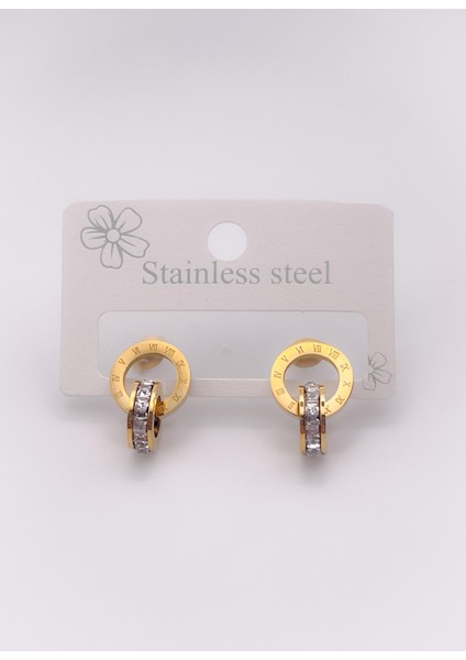 Çelik Küpe Marka Model Taşlı Ikili Halka Küpe Renk Gold modelleri