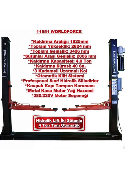 4 Ton Lift Hidrolik Sistem Tam Otomatik 380V 2,2kw Profesyonel Sütunlu Oto Lift