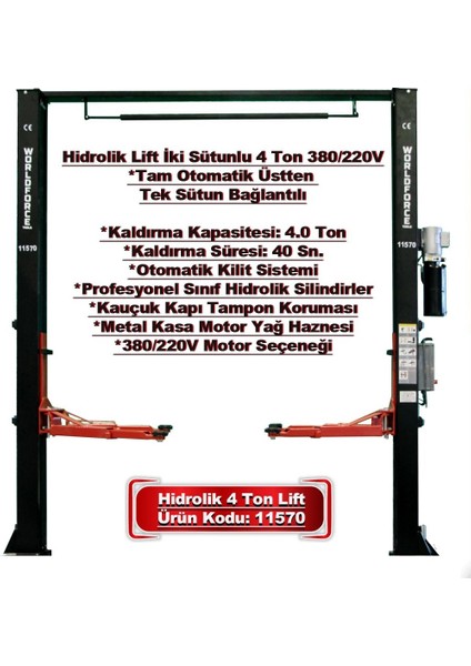 4 Ton Lift Hidrolik Sistem Tam Otomatik Üsten Bağlantılı 380V 2,2kw Sütunlu Oto Lift