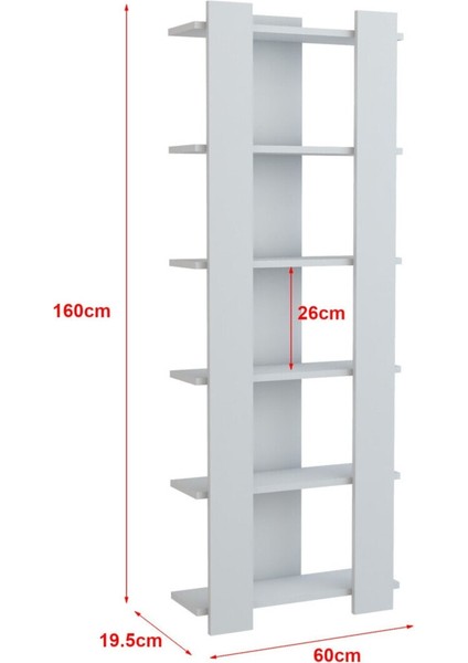 Beyaz Kitaplık, 6 Raflı Dekoratif Kitaplık, Çok Amaçlı Raf, Mdf, 160X60X21CM, MKTP22