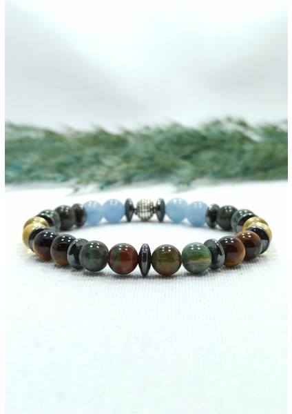 Sertifikalı Yeşim Akuamarin Kaplan Gözü Sitrin Doğal Taş Özgüven Bilekliği