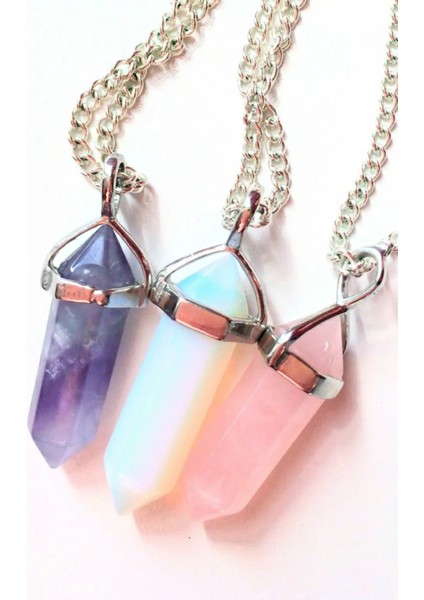 Sertifikalı Çelik Zincirli Ametist Opal Pembe Kuvars Üçlü Kombin Doğal Taş Kolye Seti