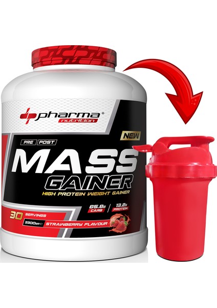 Karbonhidrat Tozu Mass Gainer 3300 Gram Çilek Aromalı Hacim Kütle Kas Gainermass Shaker Armağan