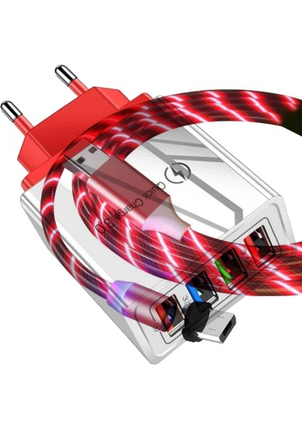 A6 Çoklu Şarj Adaptörü 4 Port + J21 Micro USB Magnetic Akan LED Işıklı Şarj Kablosu -1mt