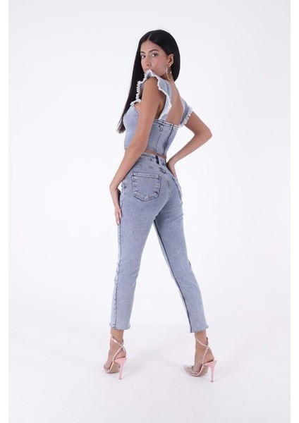 Damla Taşlı ve Paçaları Dikişsiz Bitişli Yüksek Belli Kadın Kot Pantolon Kar Açık Mavi Denim Jean