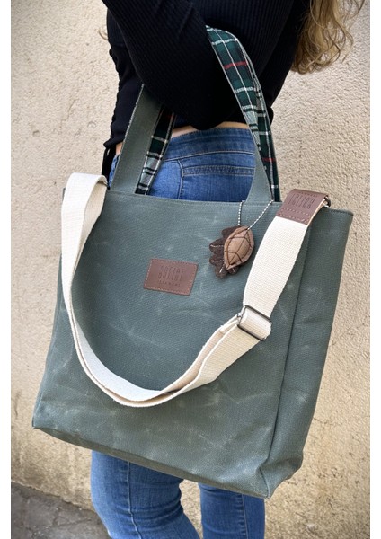 Çam Yeşili Pera Waxed Canvas Tote Bag Mumlu Kanvas Ayarlanabilir Askılı Kadın Kol ve Omuz Çantası