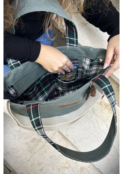 Çam Yeşili Pera Waxed Canvas Tote Bag Mumlu Kanvas Ayarlanabilir Askılı Kadın Kol ve Omuz Çantası