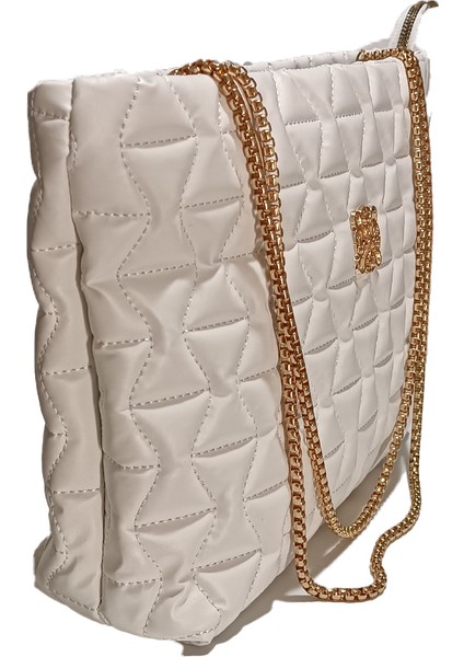 Kadın Beyaz Kapitone Zincir Askılı El ve Omuz Çanta