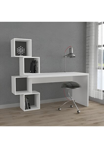 Aden Home Kitaplıklı Çalışma Masası,  Mdf Beyaz Çalışma Masası, Ofis Çalışma Masası, Genç Odası, CM96