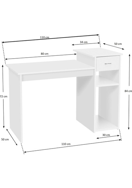 Aden Home Kitaplıklı Çalışma Masası,  Beyaz Mdf Çekmeceli Çalışma Masası, Ofis Çalışma Masası, CM101