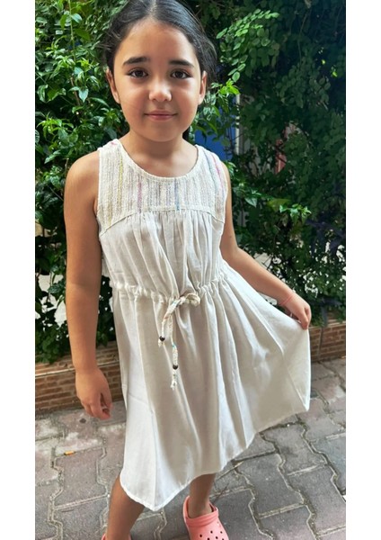 Kız Çocuk Elbise Çizgili Askılı Ekru 9-10 Yaş