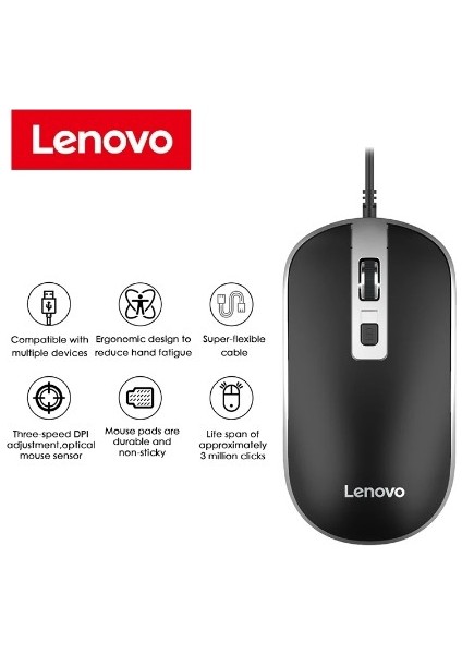 Lenovo Lenovolenovo 1600DPI Kaymaz Kauçuk Tasarım Siyah Mouse