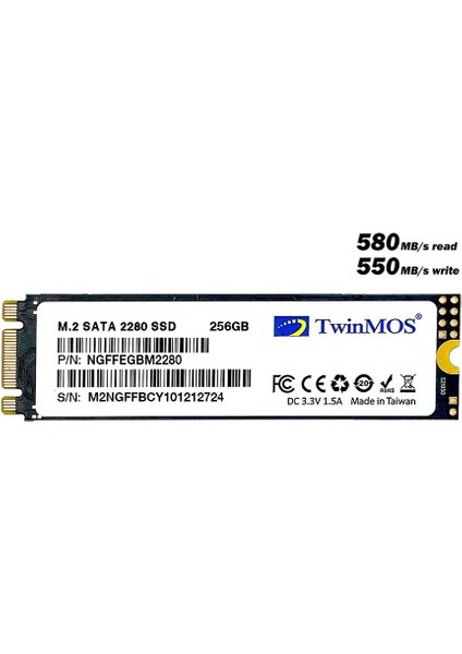 Twinmos 256GB 580-550MB/S M2 Sata SSD Siyah (NGFFEGBM2280)