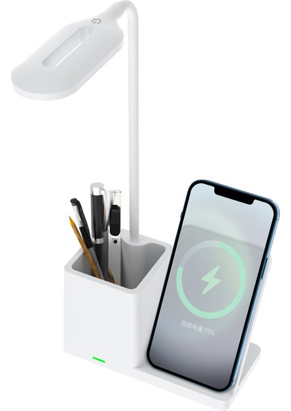 S-Link SL-M9054 Beyaz Typec 10W Kablosuz Şarj Cihazı Kalemlikli Masa Lambası