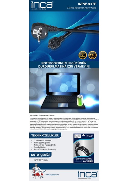 Inca INPW-03TP 3mt Notebook Power Kablosu