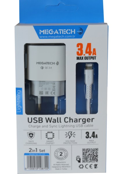 Megatech 3.4A Lightning USB Kablo + Ev Şarj Adaptörü Hızlı Şarj