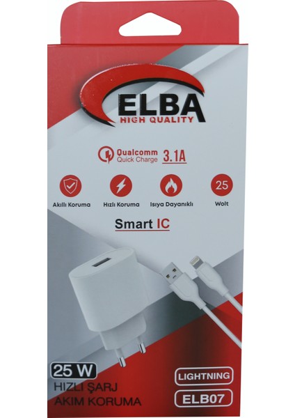 Elba Beyaz 25W USB Ev Şarj Kafa+ USB 1mt Lightning Kablo Qc4.0 Hızlı Şarj