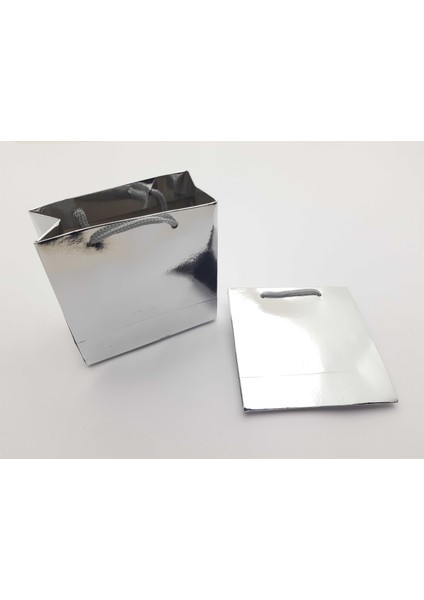 Gümüş Metalize Renginde 11 x 11 Parlak Kartondan Mamul Kordon Ip Kulplu Çanta 25 Adet