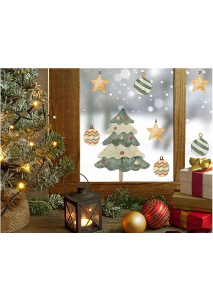 Yeni Yıl Merry Christmas Cam Duvar Sticker Setleri - Yılbaşı Seti