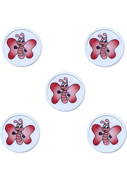 5 Adet Çocuk Odası Mobilya Kulp Tekli Düğme Çap 55 mm Pembe Kelebek