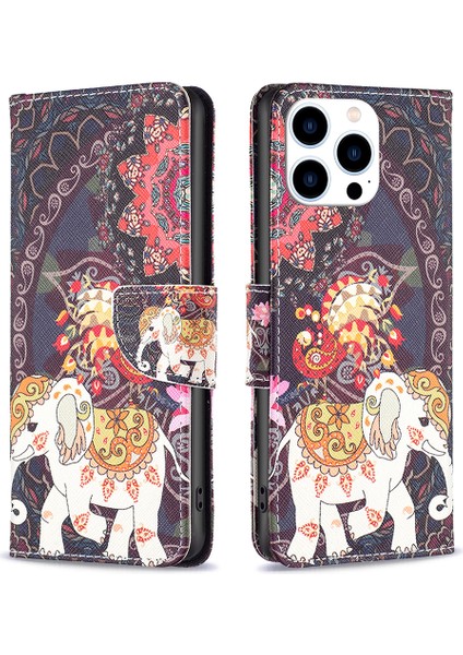 iPhone 15 Pro Desen Baskı Pu Deri Stand Cüzdan Kılıfı (Yurt Dışından)