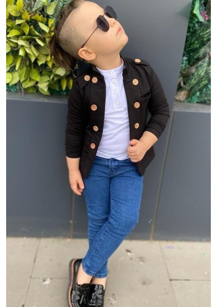 Erkek Çocuk Omzu ve Ceket Yakası Düğme Detaylı Cepli Blazer Ceketli Siyah Alt Üst Takım