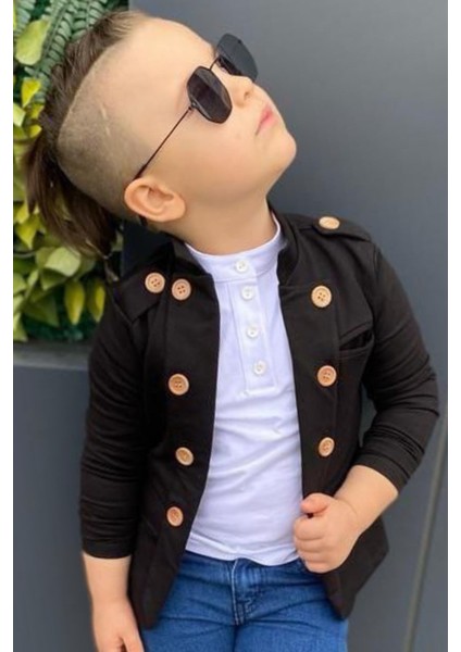 Erkek Çocuk Omzu ve Ceket Yakası Düğme Detaylı Cepli Blazer Ceketli Siyah Alt Üst Takım fiyatları