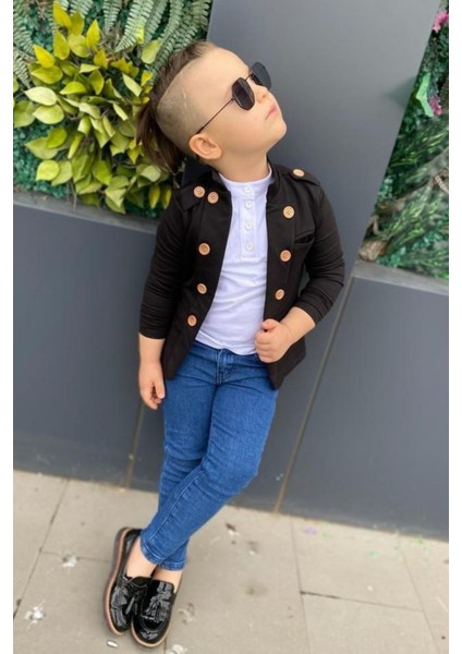 Erkek Çocuk Omzu ve Ceket Yakası Düğme Detaylı Cepli Blazer Ceketli Siyah Alt Üst Takım modelleri