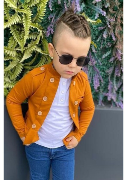 Erkek Çocuk Omzu ve Ceket Yakası Düğme Detaylı Cepli Blazer Ceketli Hardal Alt Üst Takım