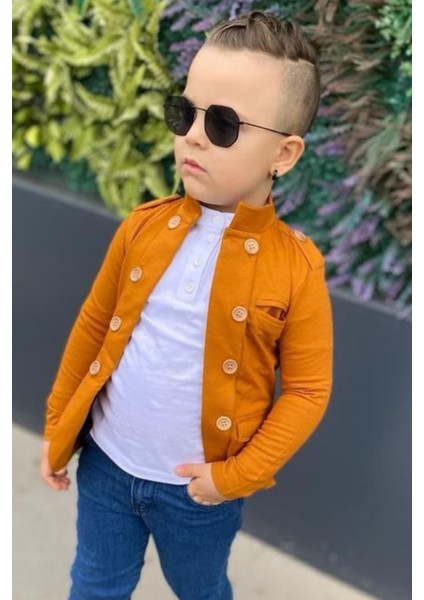 Erkek Çocuk Omzu ve Ceket Yakası Düğme Detaylı Cepli Blazer Ceketli Hardal Alt Üst Takım modelleri