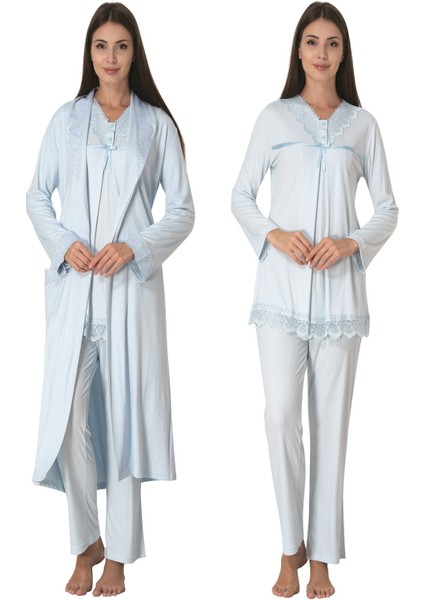 Mavi Sabahlıklı Hamile Lohusa Pijama Takımı