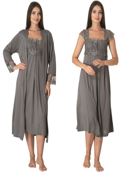 Füme Sabahlıklı Hamile Lohusa Gecelik Takım