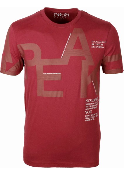 Bordo Bisiklet Yaka Baskılı Slim Fit Dar Kesim Tshirt 1227