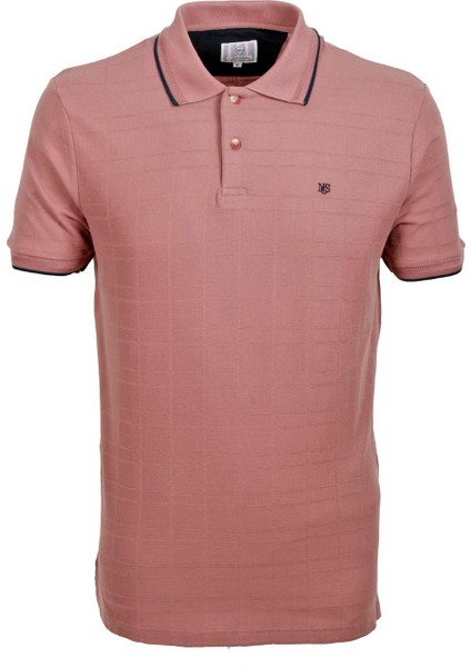 Erkek Gül Kurusu Slim Fit Polo Yaka %100 Pamuk Dokulu Desenli Kumaş T-Shirt Jeans 1134