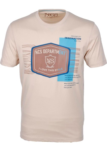 Bej Bisiklet Yaka Slim Fit Dar Kesim Baskılı T-Shirt 1216