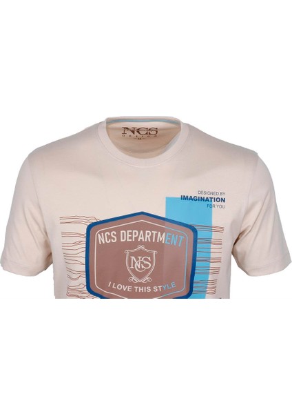 Bej Bisiklet Yaka Slim Fit Dar Kesim Baskılı T-Shirt 1216 fırsatları