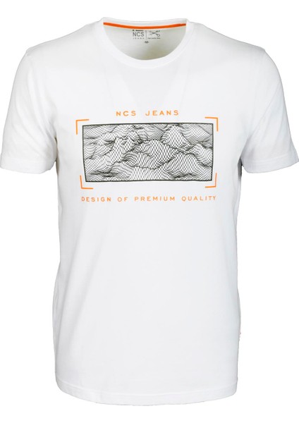 Erkek Beyaz Slim Fit Bisiklet Yaka Baskılı %100 Pamuk T-Shirt Jeans 1104
