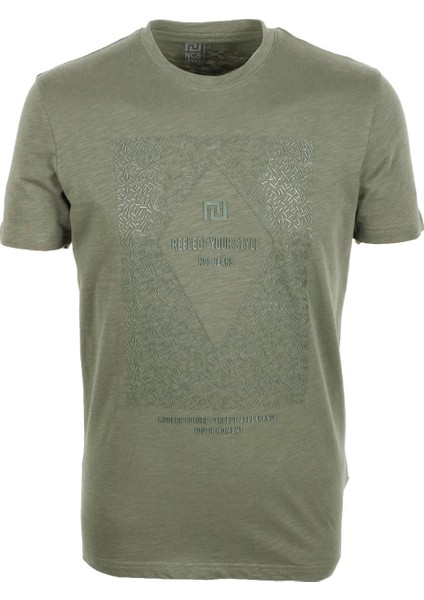 Erkek Haki Bisiklet Yaka Baskılı %100 Pamuk Slim Fit T-Shirt 1924