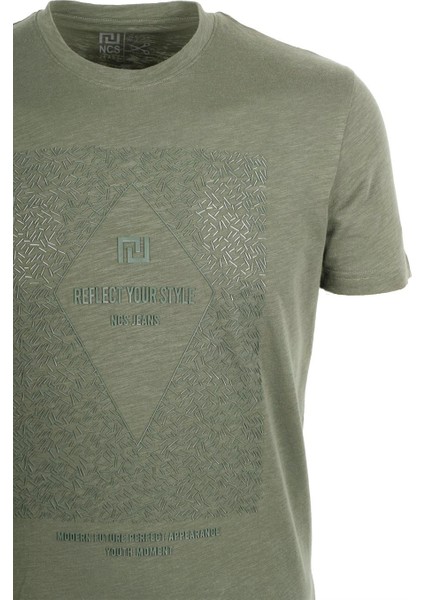 Erkek Haki Bisiklet Yaka Baskılı %100 Pamuk Slim Fit T-Shirt 1924 fiyatları