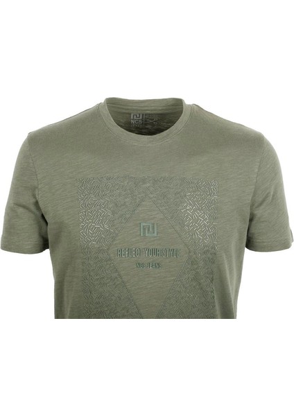 Erkek Haki Bisiklet Yaka Baskılı %100 Pamuk Slim Fit T-Shirt 1924 fırsatları