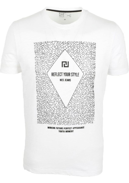 Erkek Beyaz Bisiklet Yaka Baskılı %100 Pamuk Slim Fit T-Shirt 1924